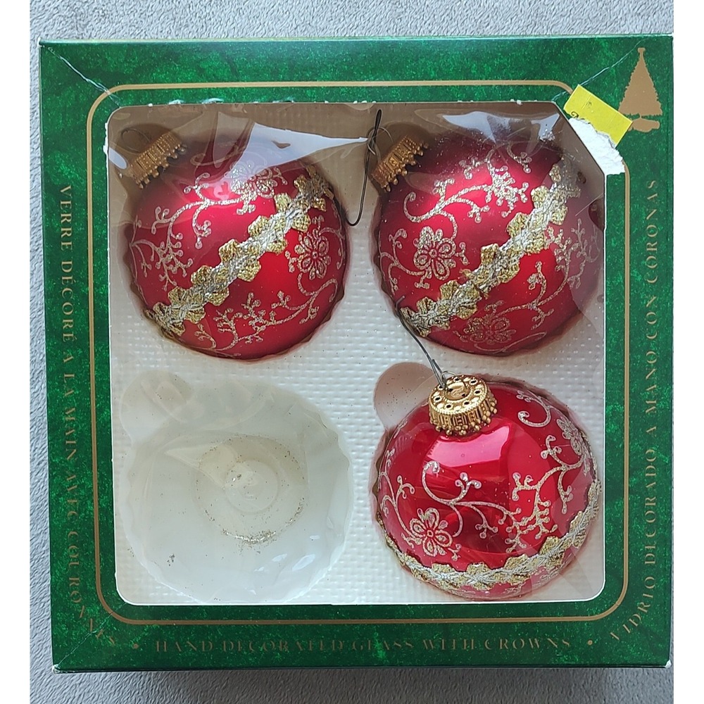 Box of 3 Red Krebs Glass Christmas Ornaments Vtg Stencil Floral Lace Glitter O28